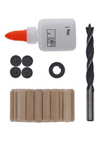 Profilholzdübel-Set mit Holzspiralbohrer, Holzleim, Dübelsetzern, Tiefenanschlag und Dübelzentrierstift